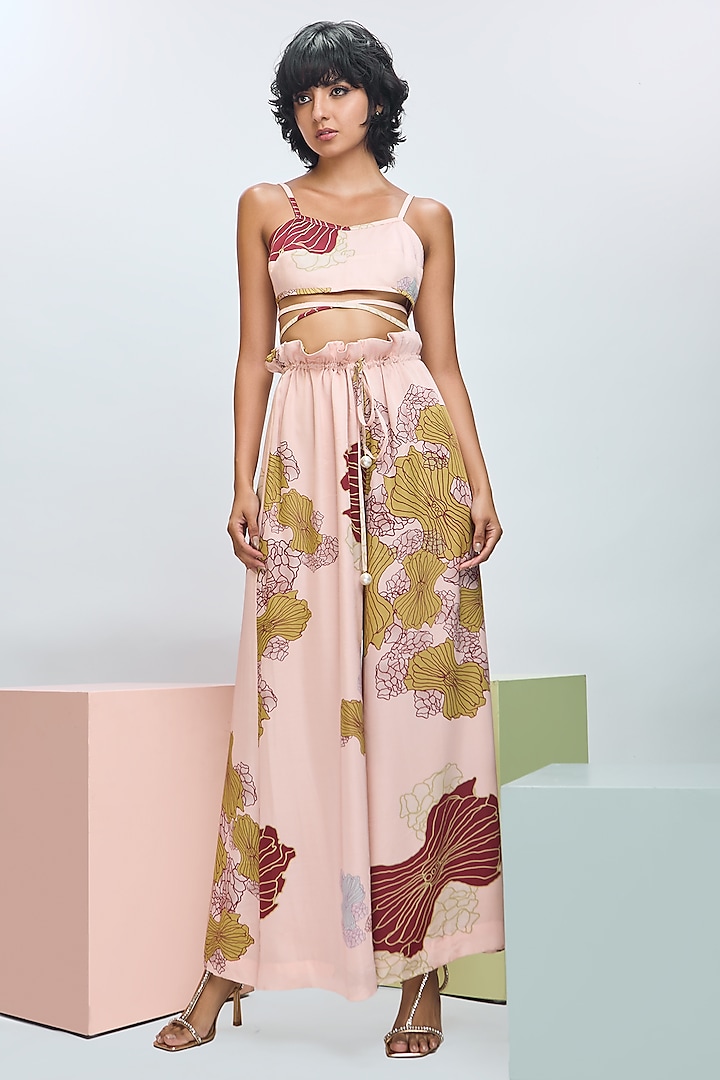 Peach Fuzz Modal Satin Printed Flared Pant Set by Nirmooha at Pernia's Pop Up Shop