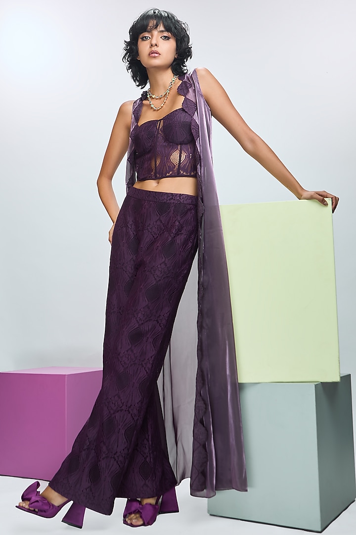 Deep Plum Glass Organza Scalloped Cape Set by Nirmooha at Pernia's Pop Up Shop