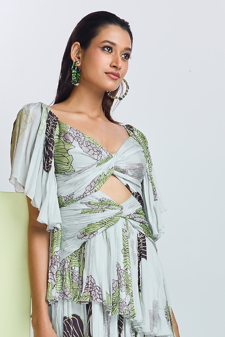 Glass Grey Lurex Chiffon Printed Asymmetric Mini Cocktail Dress by Nirmooha at Pernia's Pop Up Shop