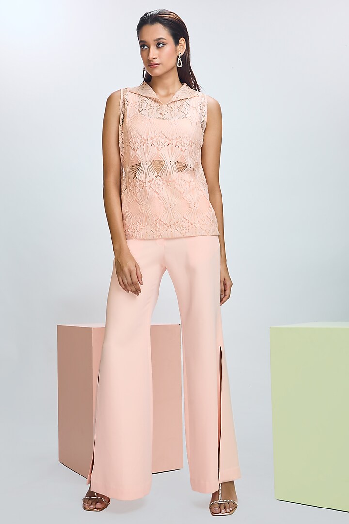 Peach Fuzz Chantilly Lace Flared Pant Set by Nirmooha at Pernia's Pop Up Shop