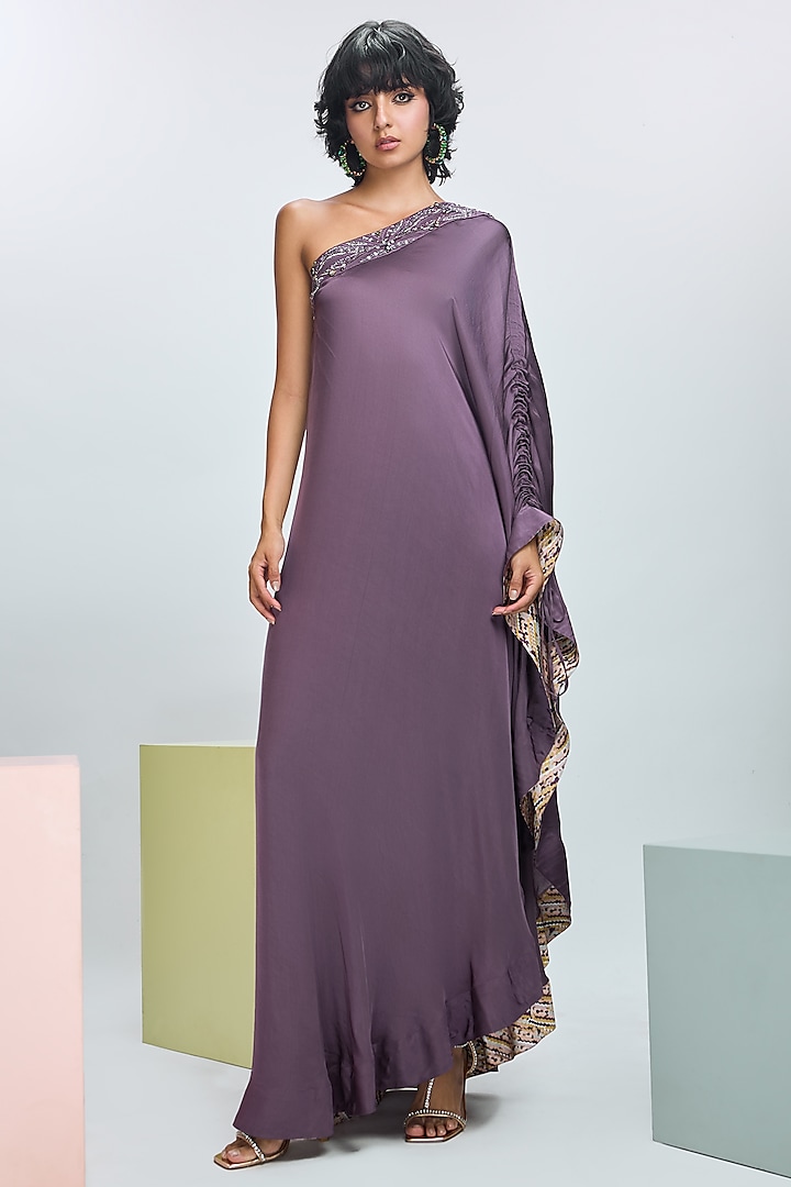 Deep Plum Modal Satin Embroidered One-Shoulder Kaftan by Nirmooha at Pernia's Pop Up Shop