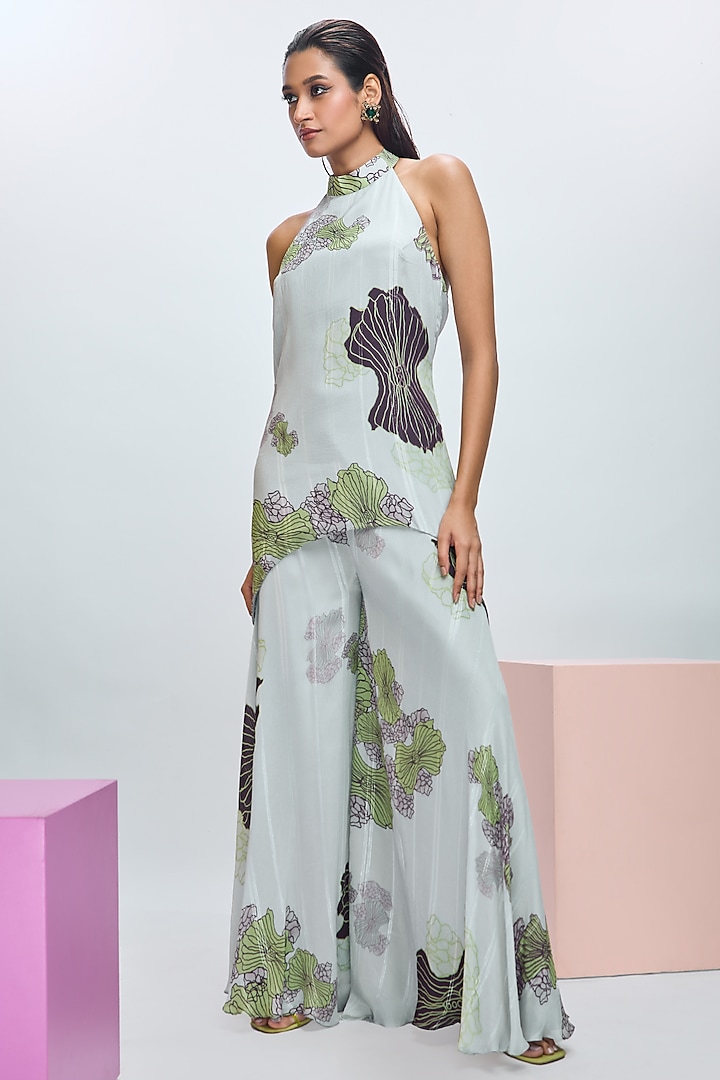 Glass Grey Chiffon Lurex Printed Asymmetric Tunic Set by Nirmooha at Pernia's Pop Up Shop