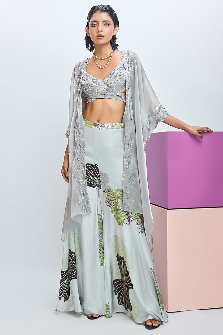 Glass Grey Glass Organza Embroidered Scalloped Cape Set by Nirmooha at Pernia's Pop Up Shop