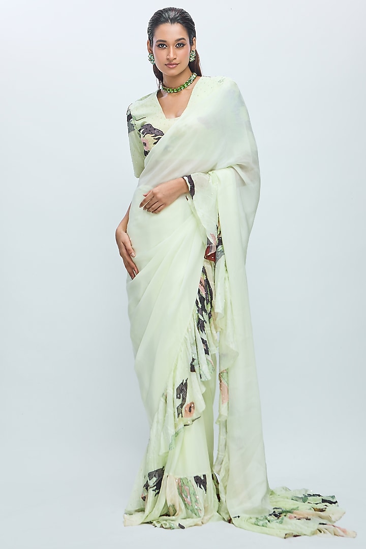 Cool Matcha Chiffon Printed Ruffled Saree Set by Nirmooha at Pernia's Pop Up Shop