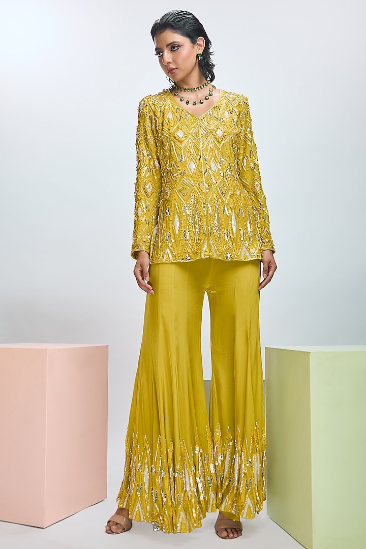 Savannah Yellow Crepe Embroidered Jacket Set by Nirmooha at Pernia's Pop Up Shop