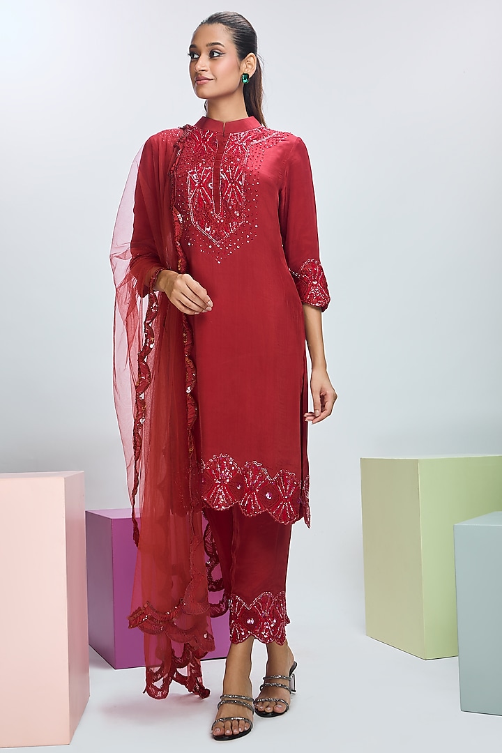 Intense Rust Red Crepe Embroidered Kurta Set by Nirmooha at Pernia's Pop Up Shop