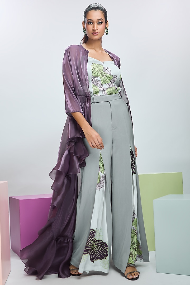 Deep Plum Modal Satin Trench Coat Set by Nirmooha