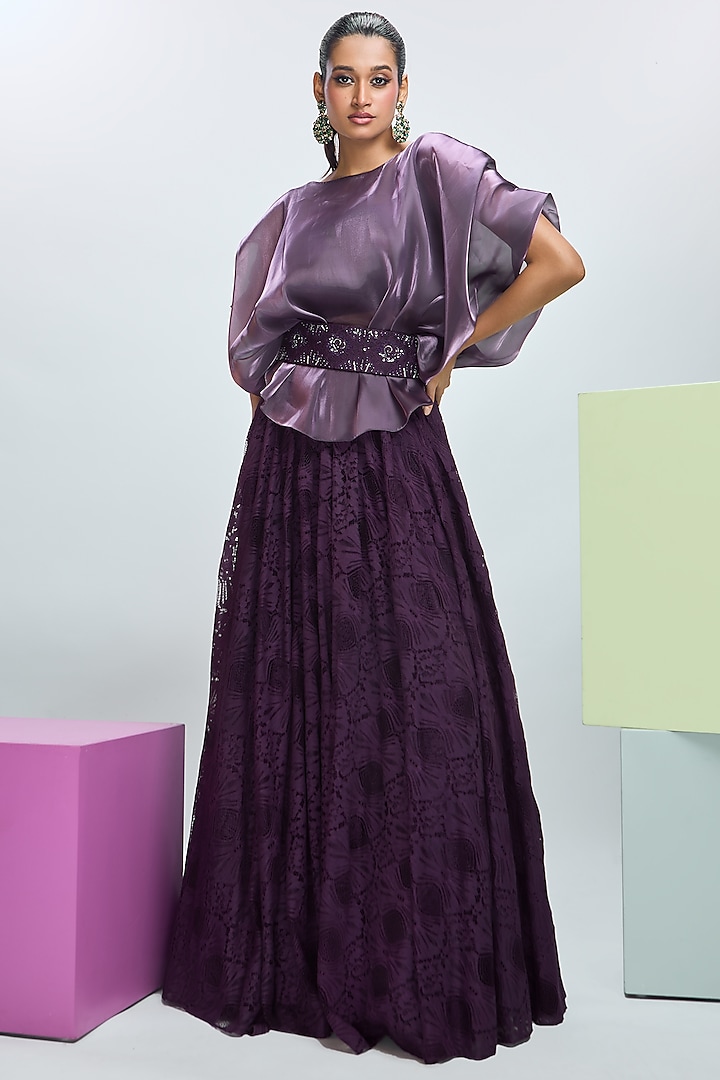 Deep Plum Glass Organza Cape Set by Nirmooha at Pernia's Pop Up Shop