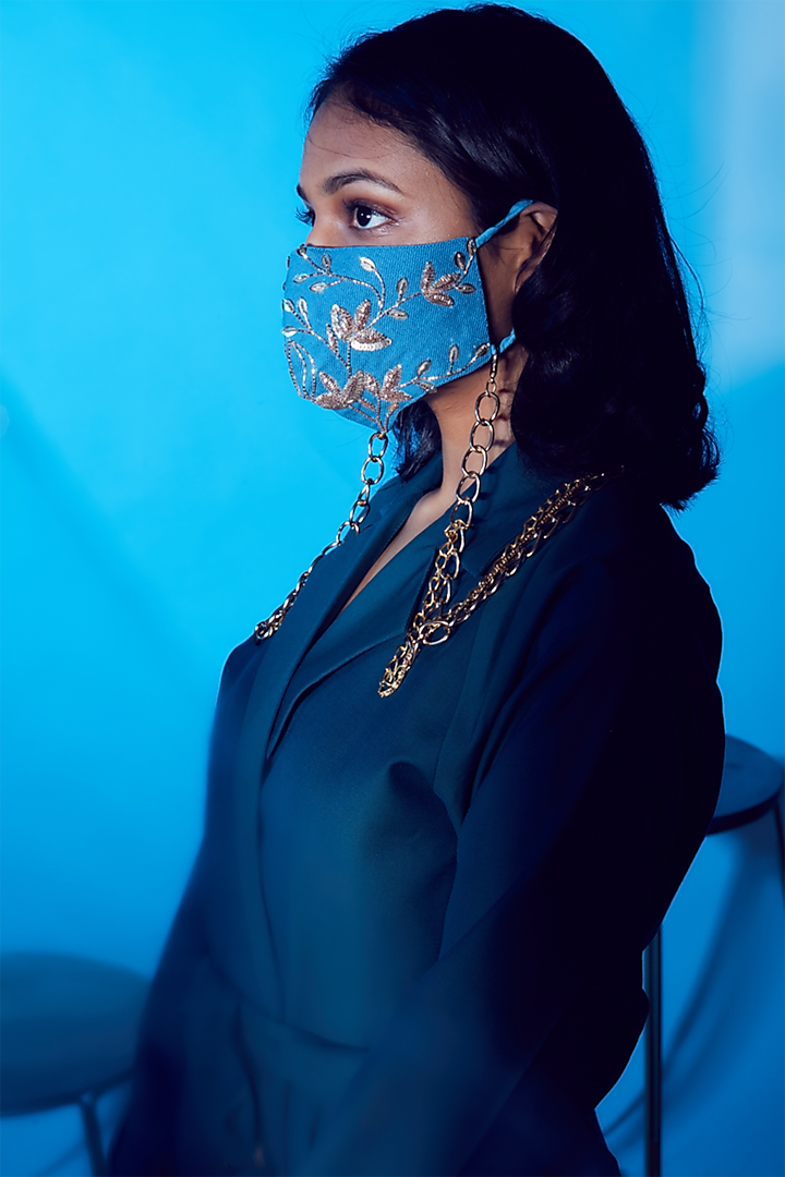 Denim Blue Embroidered Mask by Nirmooha