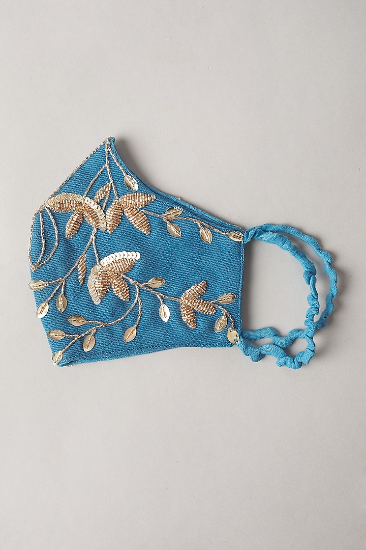 Blue Hand Embroidered Mask by Nirmooha