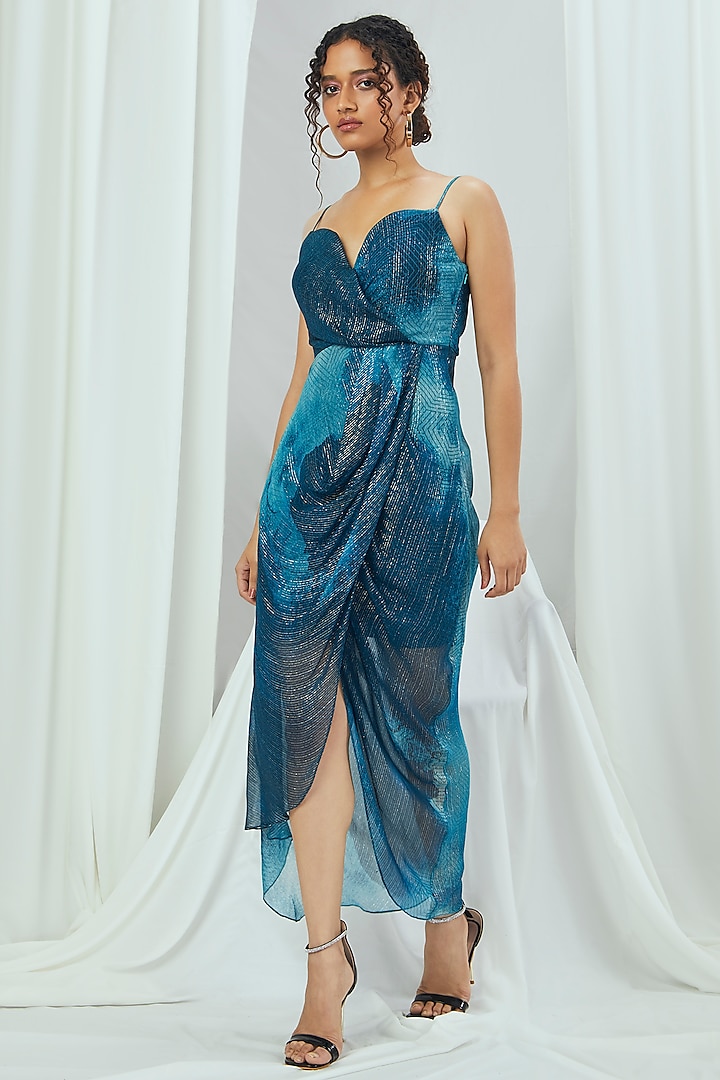 Jade Blue Lurex Printed Cowl Draped Gown by Nirmooha