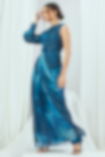 Jade Blue Lurex Printed One-Shoulder Gown by Nirmooha
