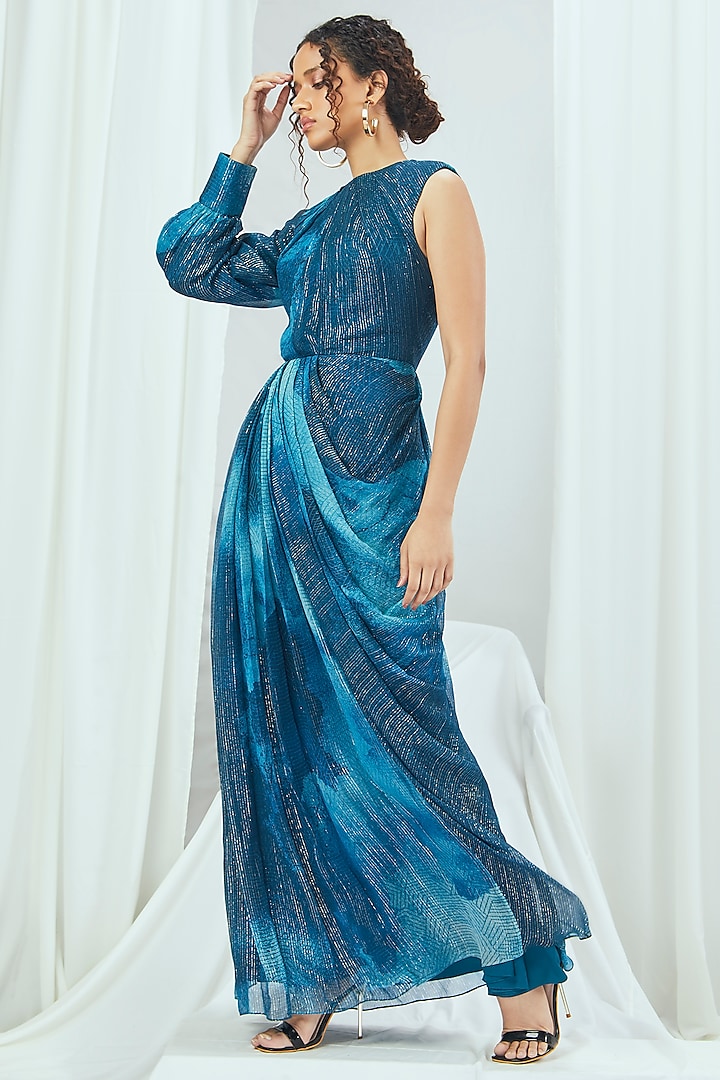 Jade Blue Lurex Printed One-Shoulder Gown by Nirmooha
