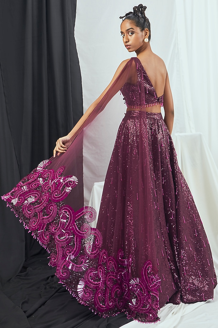 Ruby Sequins Hand Embroidered Wedding Lehenga Set With Attached Dupatta by Nirmooha at Pernia's Pop Up Shop
