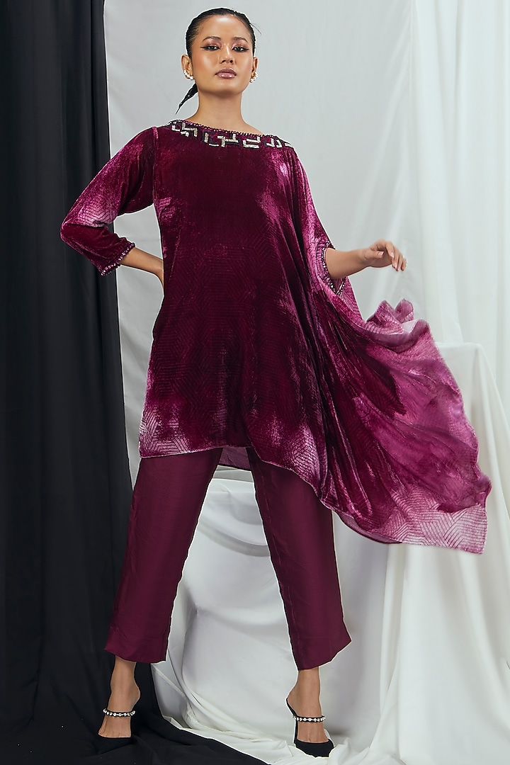 Ruby Velvet Printed & Embroidered Asymmetrical Kaftan Set by Nirmooha at Pernia's Pop Up Shop