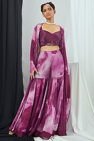 Ruby Crepe Printed Sharara Set With Cape by Nirmooha