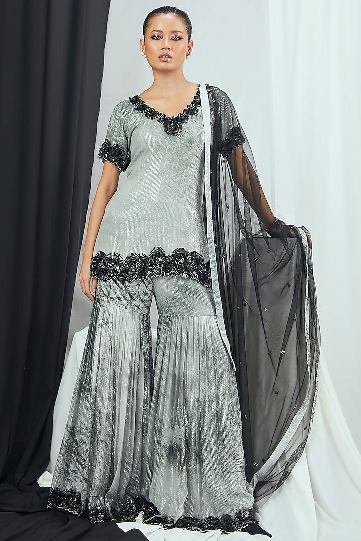 Grey Lurex Printed Sharara Set by Nirmooha