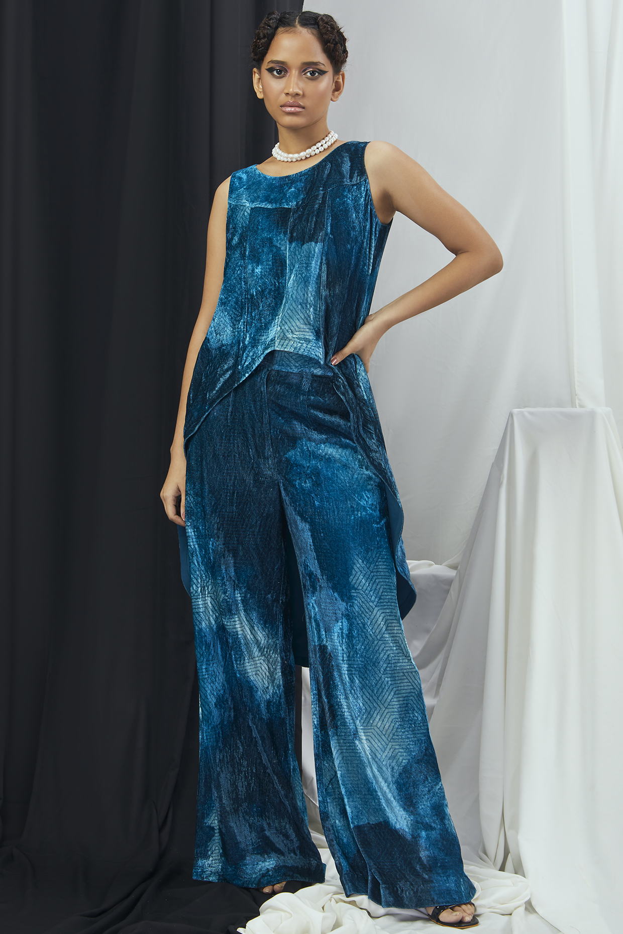 Jade Blue Velvet Asymmetrical Printed Tunic Set by Nirmooha at Pernia's Pop Up Shop