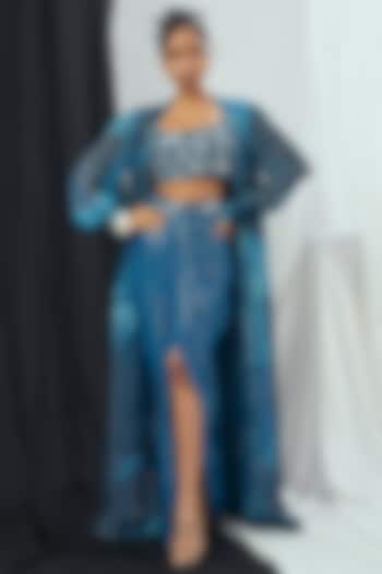 Jade Blue Lurex Draped Skirt Set by Nirmooha