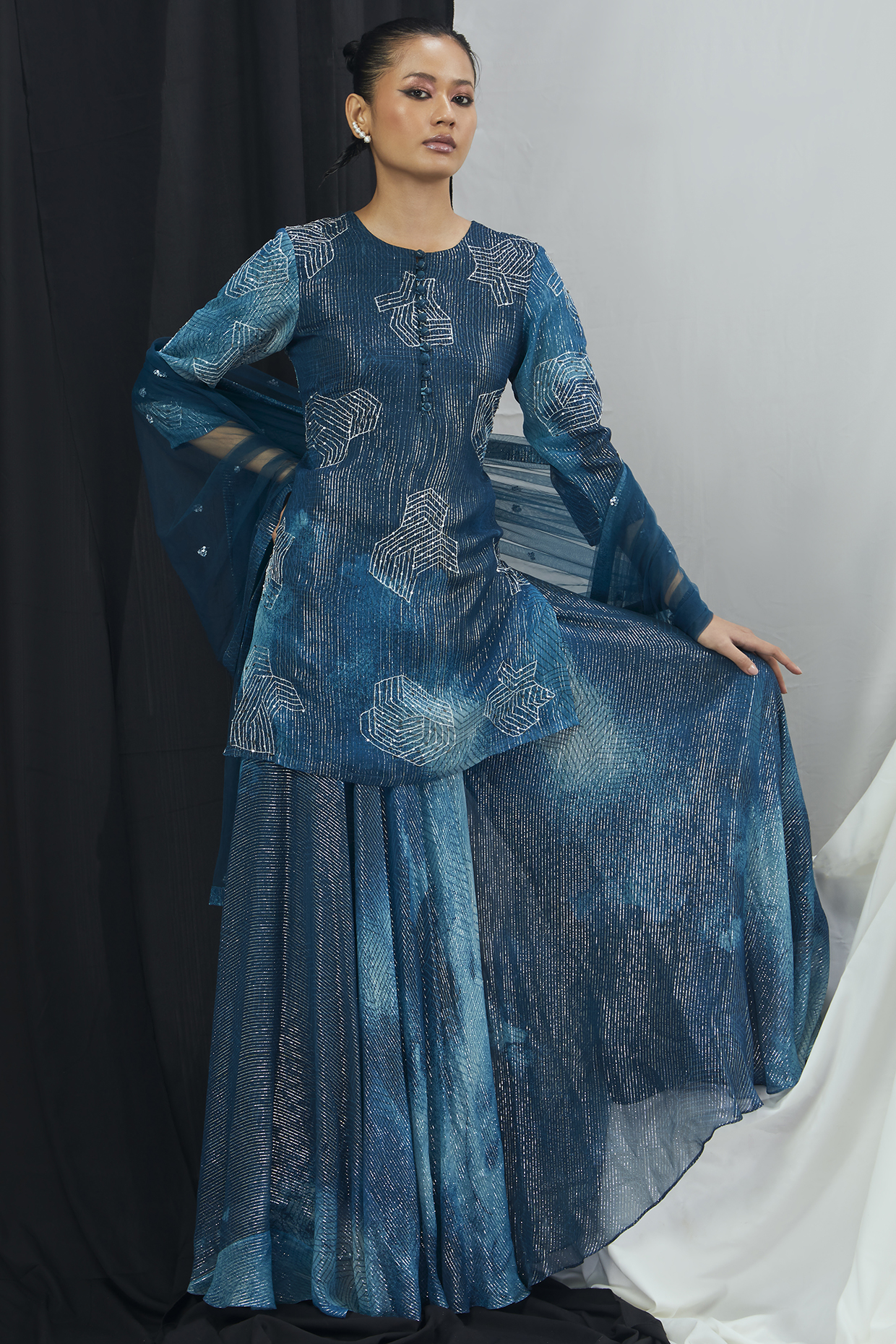 Jade Blue Lurex Printed Wedding Sharara Set  by Nirmooha at Pernia's Pop Up Shop
