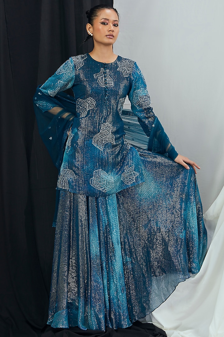 Jade Blue Lurex Printed Wedding Sharara Set  by Nirmooha at Pernia's Pop Up Shop
