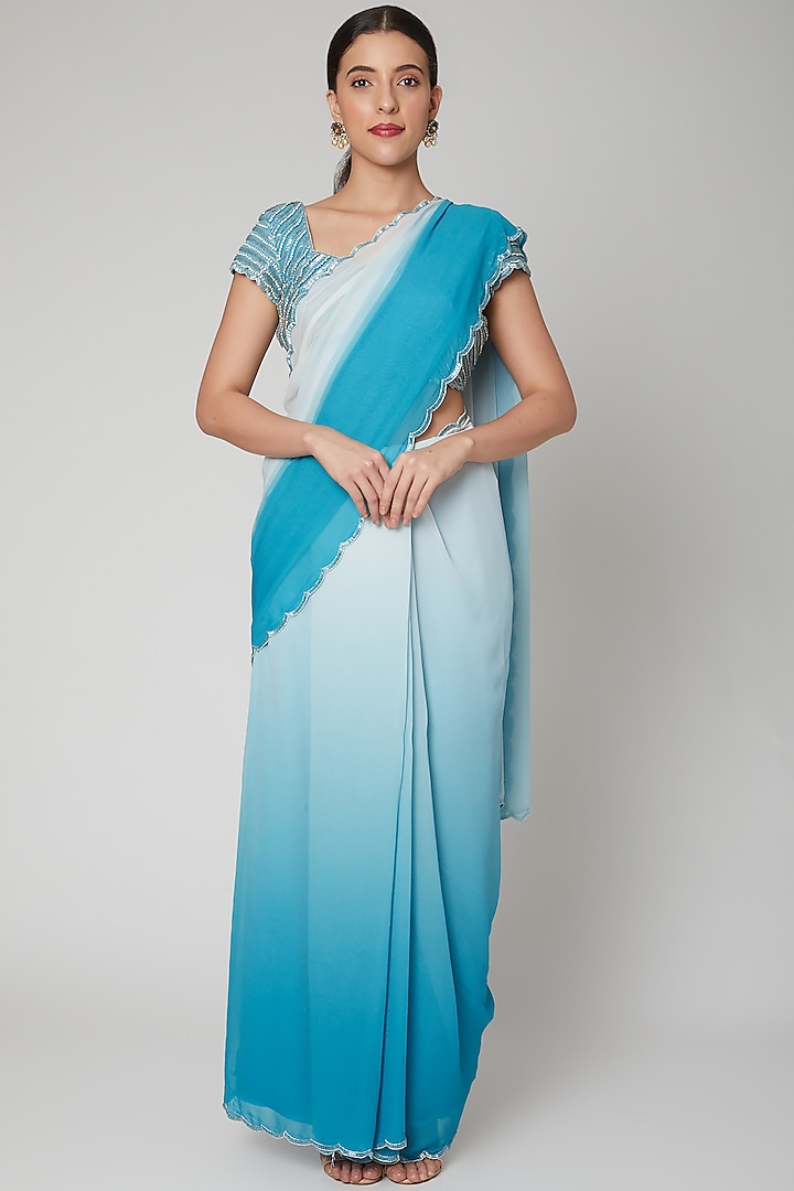 Blue Ombre Printed & Embroidered Saree Set by Nirmooha