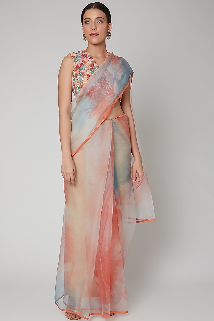 Coral Printed & Embroidered Saree Set by Nirmooha