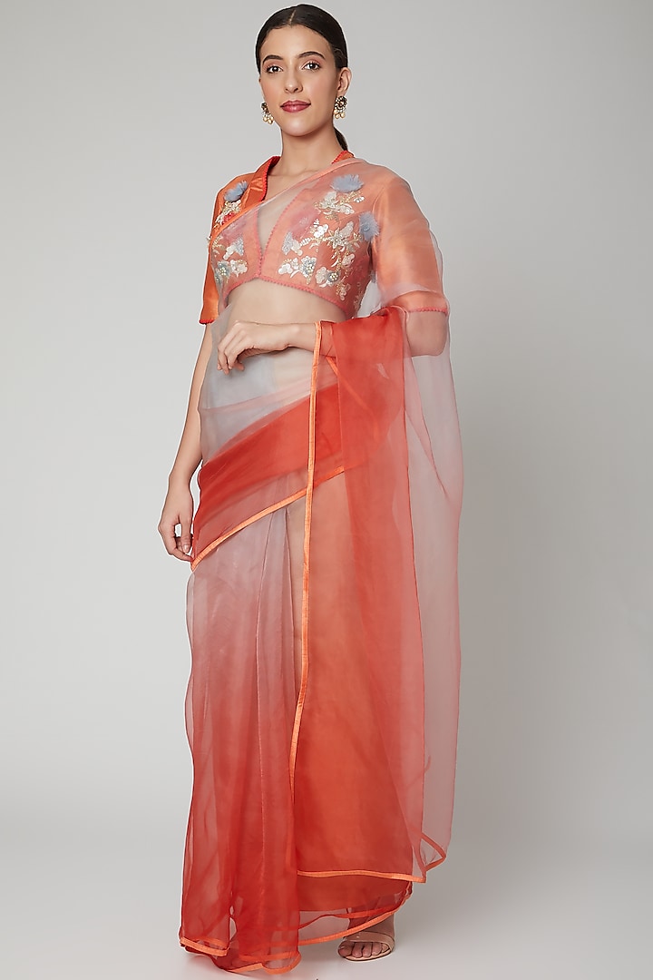 Punch Pink Embroidered Saree Set by Nirmooha