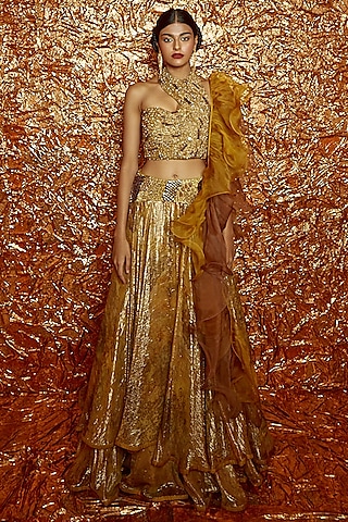 Mustard Hand Embroidered Lehenga Set by Nirmooha