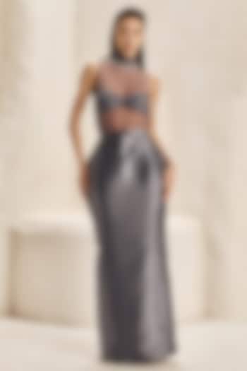 Metallic Grey Silk Skirt Set by Nirmooha at Pernia's Pop Up Shop