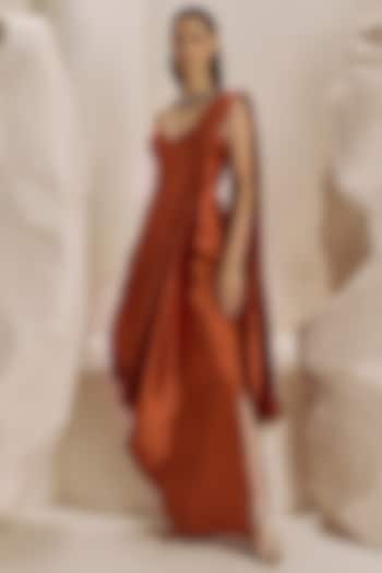 Terracotta Rust Silk Taffeta Pre-Draped Wedding Gown Saree by Nirmooha at Pernia's Pop Up Shop