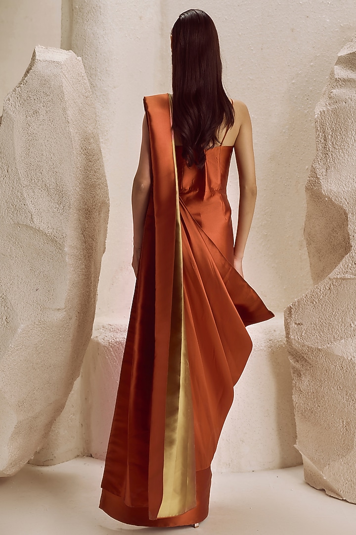 Terracotta Rust Silk Taffeta Pre-Draped Wedding Gown Saree by Nirmooha at Pernia's Pop Up Shop