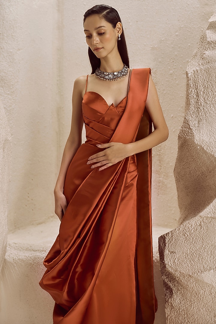 Terracotta Rust Silk Taffeta Pre-Draped Wedding Gown Saree by Nirmooha at Pernia's Pop Up Shop
