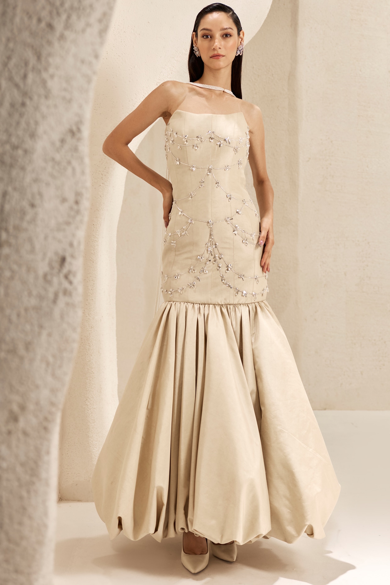 Nirmooha Pearl Ivory Silk Taffeta Hand Embroidered Mermaid Gown