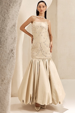 Pearl Ivory Silk Taffeta Hand Embroidered Mermaid Gown by Nirmooha
