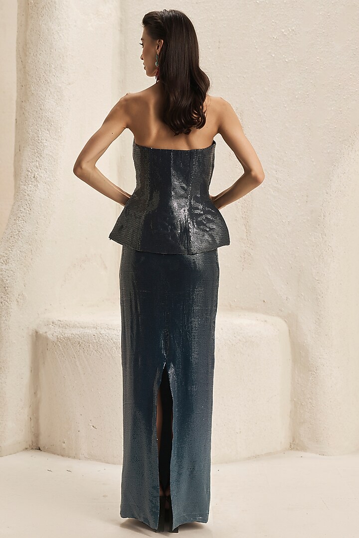 Stone Teal Sequins Georgette Ombre Skirt Set by Nirmooha at Pernia's Pop Up Shop