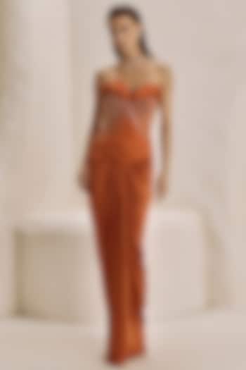 Terracotta Rust Bemberg Satin Draped Skirt Set by Nirmooha at Pernia's Pop Up Shop