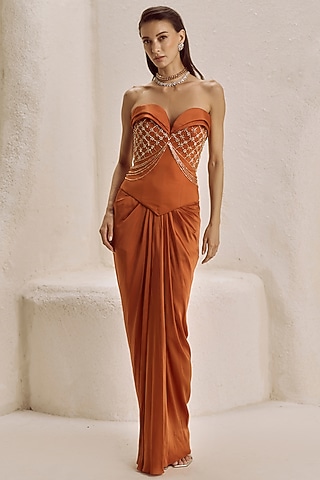 Terracotta Rust Bemberg Satin Draped Skirt Set by Nirmooha