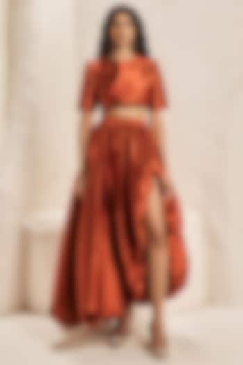 Terracotta Rust Silk Taffeta High-Low Balloon Skirt Set by Nirmooha at Pernia's Pop Up Shop