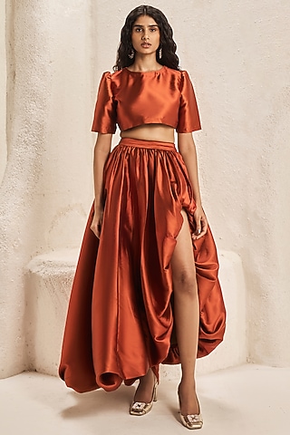 Terracotta Rust Silk Taffeta High-Low Balloon Skirt Set by Nirmooha