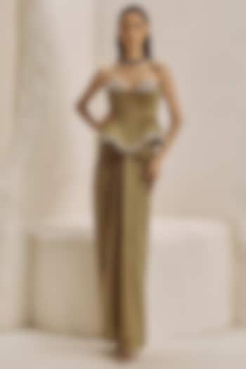 Olive Green Bemberg Satin Draped Skirt Set by Nirmooha at Pernia's Pop Up Shop