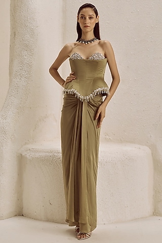 Olive Green Bemberg Satin Draped Skirt Set by Nirmooha