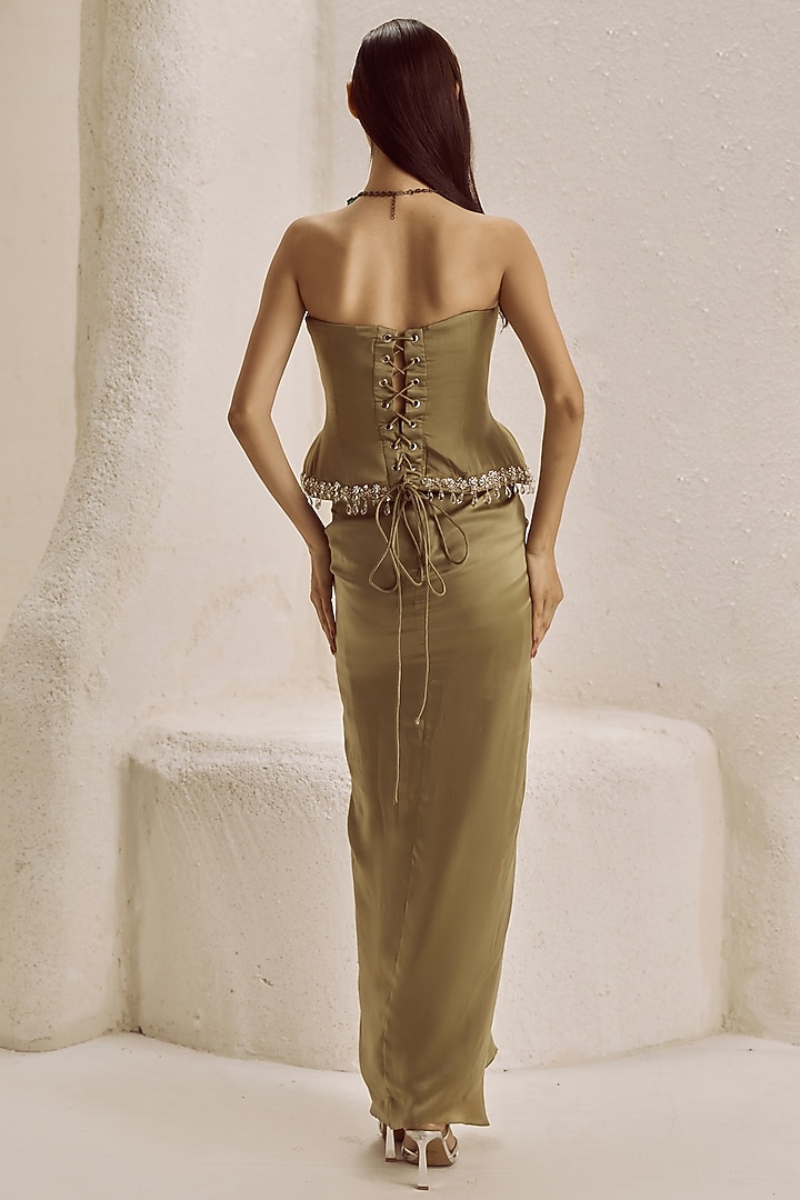Olive Green Bemberg Satin Draped Skirt Set by Nirmooha at Pernia's Pop Up Shop