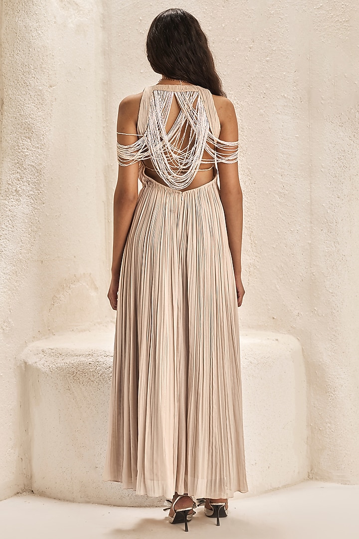 Sandstone Georgette Ruched Engagement Gown by Nirmooha at Pernia's Pop Up Shop