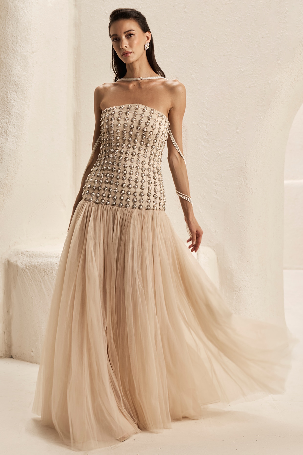 Nirmooha Sandstone Bemberg Satin & Tulle Corset Gown