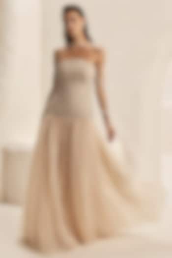 Sandstone Bemberg Satin & Tulle Corset Wedding Gown by Nirmooha at Pernia's Pop Up Shop