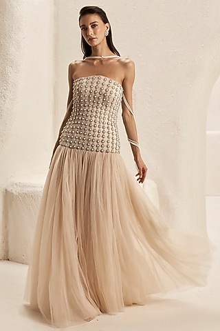 Sandstone Bemberg Satin & Tulle Corset Gown by Nirmooha