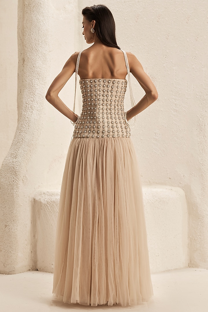 Sandstone Bemberg Satin & Tulle Corset Wedding Gown by Nirmooha at Pernia's Pop Up Shop