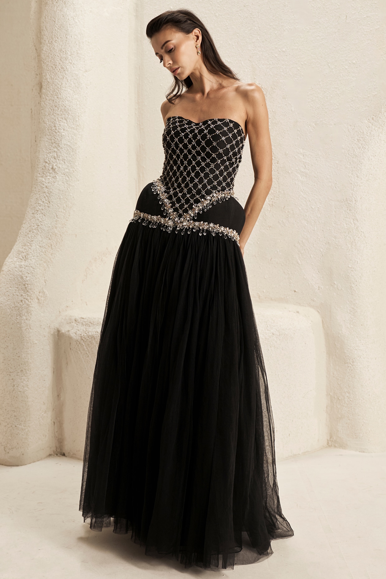Nirmooha Power Black Silk Taffeta & Tulle Strapless Corset Gown