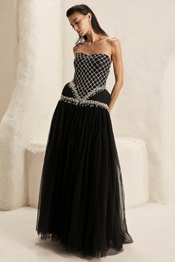 Power Black Silk Taffeta & Tulle Strapless Corset Wedding Gown by Nirmooha at Pernia's Pop Up Shop
